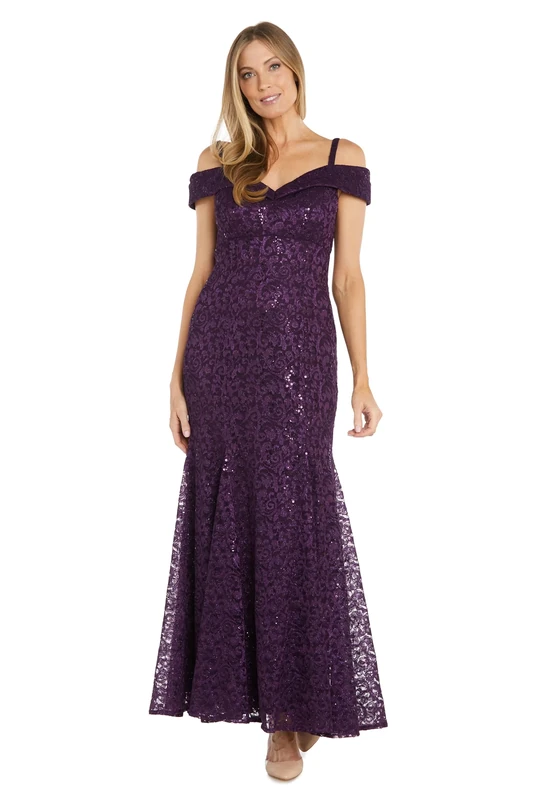 R&M Richards Women's Glittering Charm Lace Gown Dress, Plum, 14
