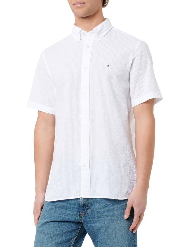 Tommy Hilfiger Men's Seersucker Solid Rf Shirt S/S Mw0mw38064 Seersucker Solid RF Shirt S/S, White (White), M