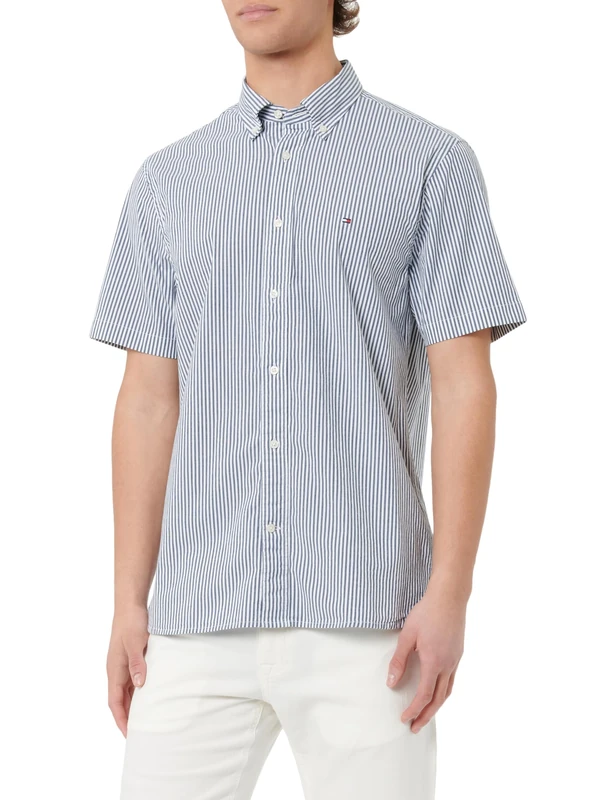 Tommy Hilfiger Men's WCC Flex POPLIN STP RF Shirt S/S MW0MW29207, Blue, S