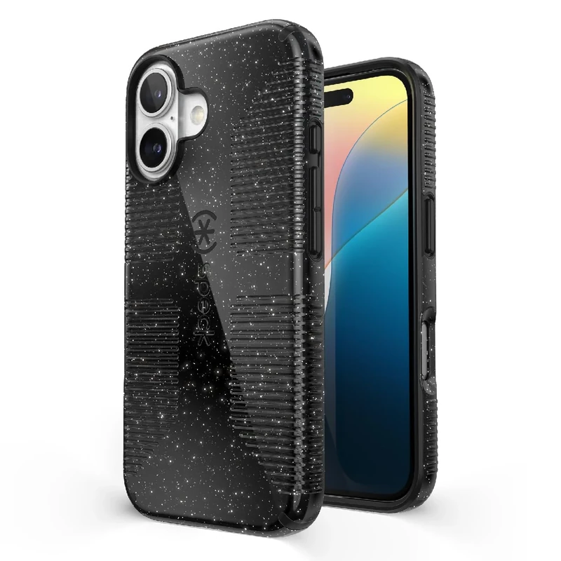 Speck CandyShell Grip Case iPhone 16 - Slim MagSafe Case for Women and Men - Black Glitter/Steel Black