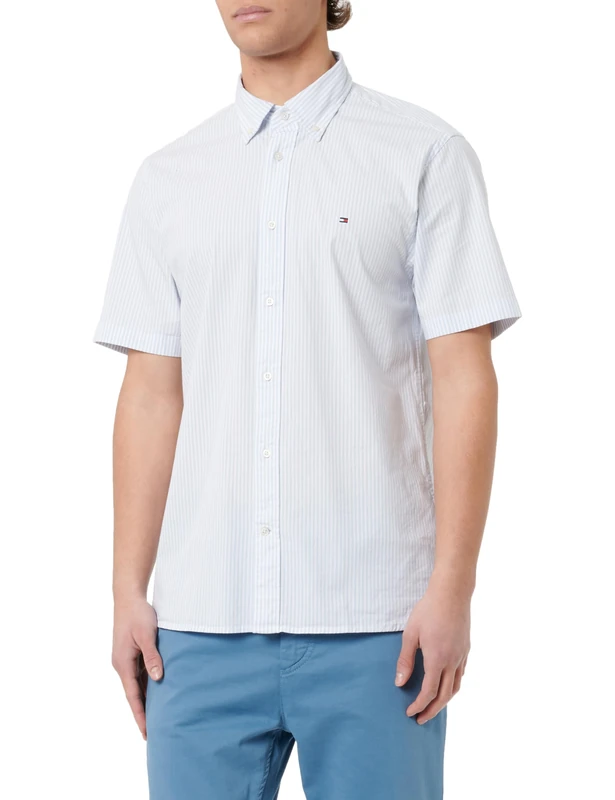 Tommy Hilfiger Men's WCC Flex Poplin STP Rf Shirt S/S Mw0mw29207 WCC Flex POPLIN STP RF Shirt S/S, Blue (Breezy Blue/Optic White), XL
