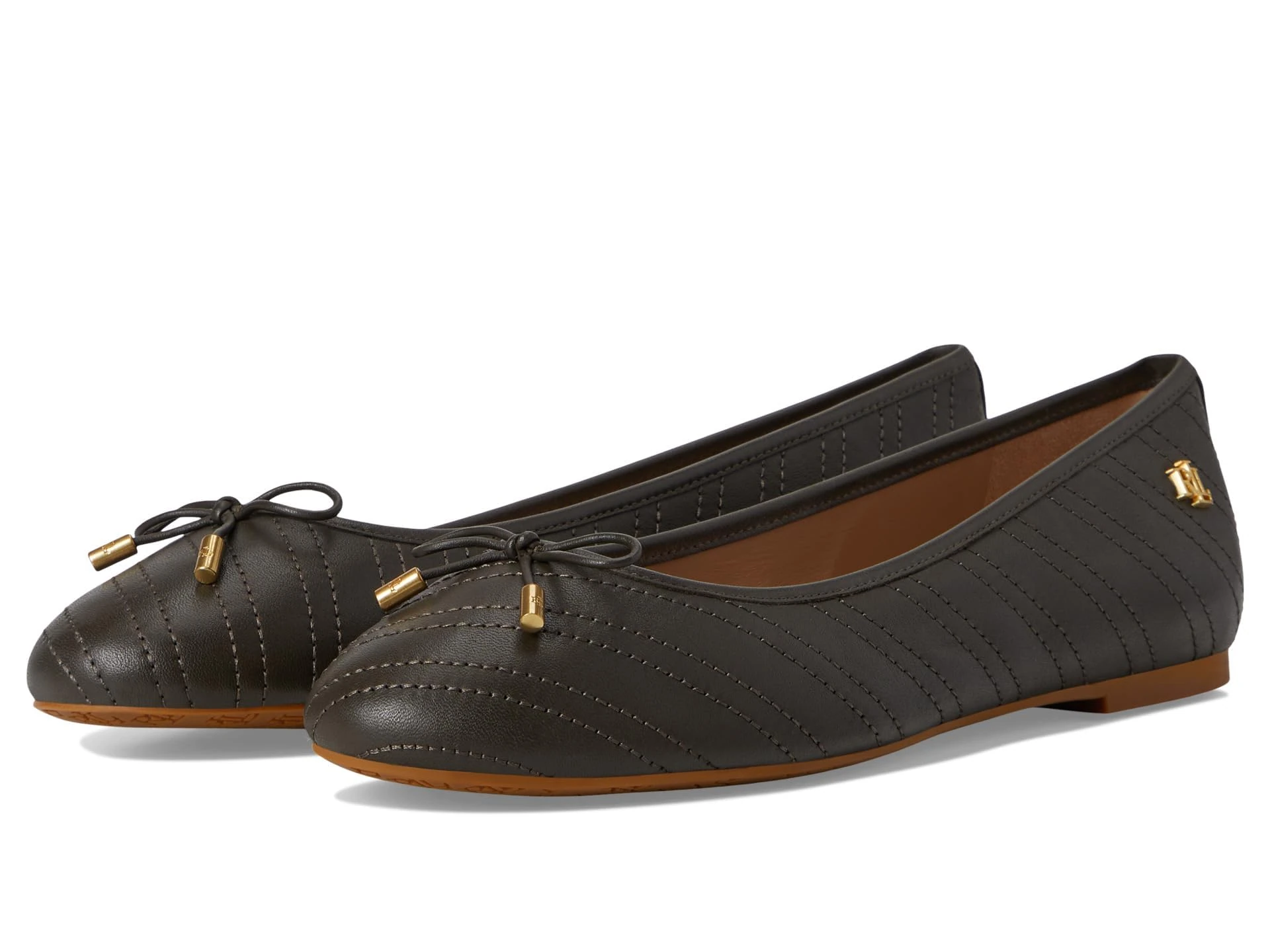 Lauren Ralph Lauren Women's Jayna Stitched Leather Flat Ballet, Dark Olive/Dark Olive, 6 UK