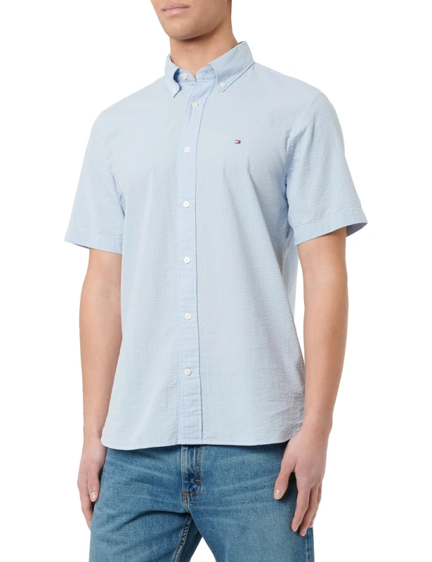 Tommy Hilfiger Men's Seersucker Solid RF Shirt S/S MW0MW38064, Blue, XL