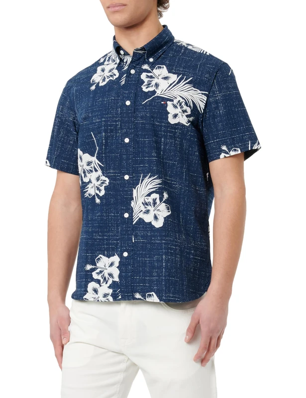 Tommy Hilfiger Men's Large PRT Tropical Rf Shirt S/S Mw0mw38063 Large PRT Tropical RF Shirt S/S, Blue (Night Sky Multi), M