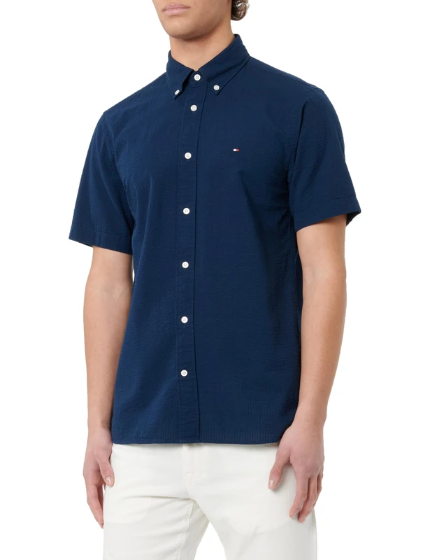 Tommy Hilfiger Men's Seersucker Solid RF Shirt S/S MW0MW38064, Blue, S
