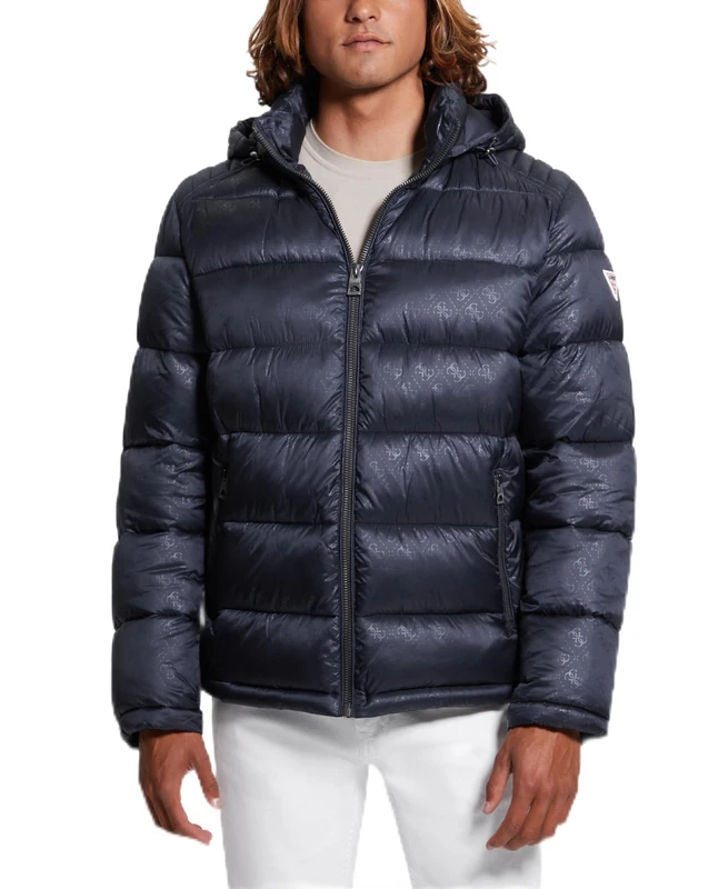 GUESS Men's Adam Quilted Hooded Zip Puffer Jacket, Navy 4g Embossed Logo, L