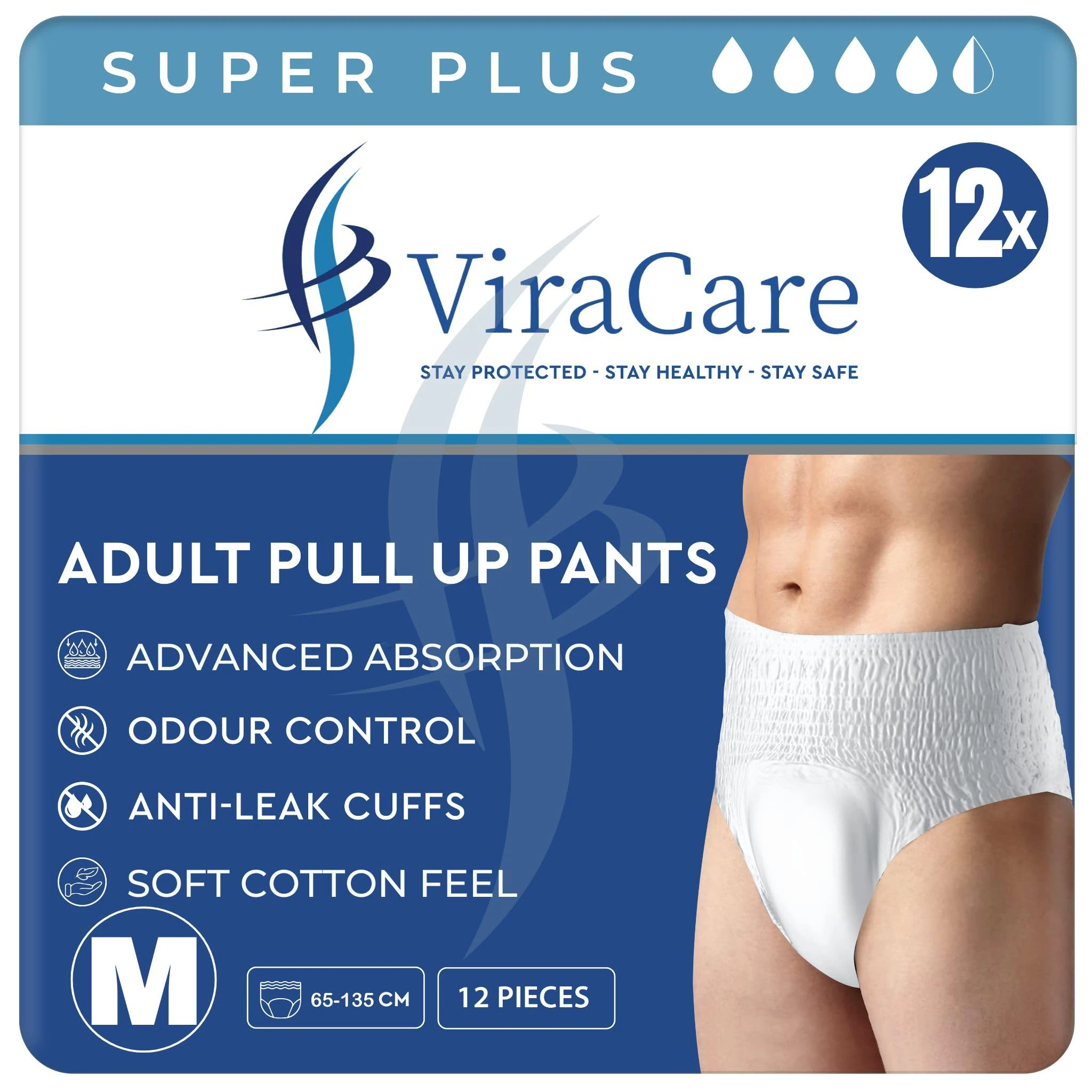 12 x Super Plus Incontinence Pants Women & Men | Adults Nappies | Advanced Absorption and Soft-Stretch Waistband | Adults Pull Up Pants | Waist Size Medium 65-135 cm |(1 Pack of 12, Medium)