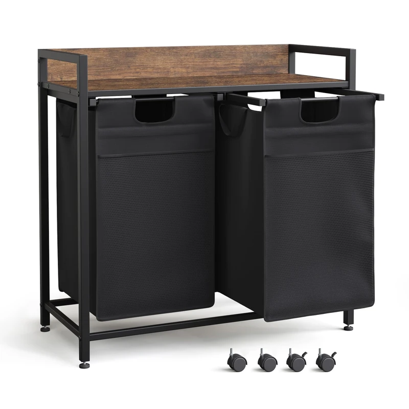 Mondeer Laundry Basket with Wheels, 100L Laundry Hamper 2 Compartments, Metal Frame Washing Basket with Storage Shelf and Front Storage Bag for Bedroom Bathroom, Rustic Brown and Black