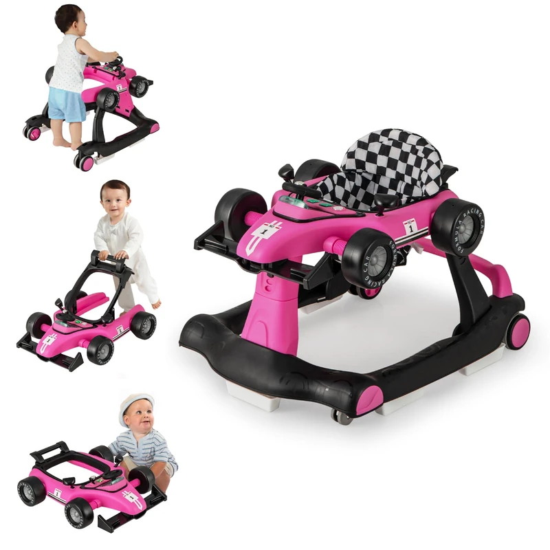 GYMAX Baby Walker, 4 in 1 Foldable Toddler Push Along Walker (Rose)