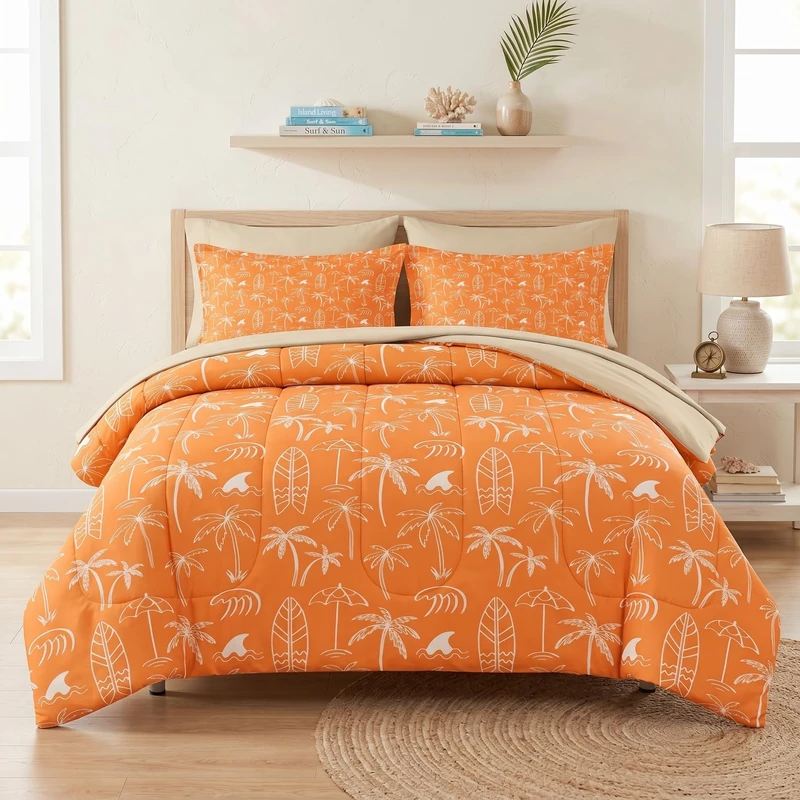 WeCozy 7 Pcs Queen Size Comforter Set with 2 Pillowcases & 2 Shams, Boho Palm Tree Beach Bedding Set for Kids and Adults, Summer Hawaiian Tropical Leaf Bed in a Bag with Flat Sheet and Fitted Sheet