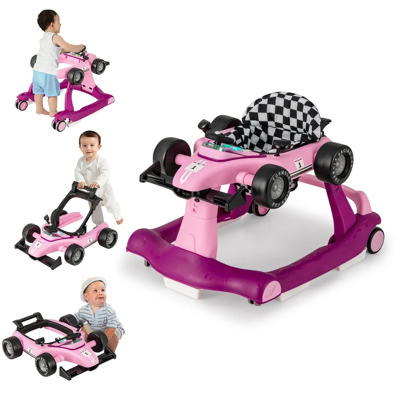 GYMAX Baby Walker, 4 in 1 Foldable Toddler Push Along Walker with Steering Wheel, Music Box, Lights and Comfy Seat, Height & Speed Adjustable Infant Learning to Walk Activity Center (Purple)