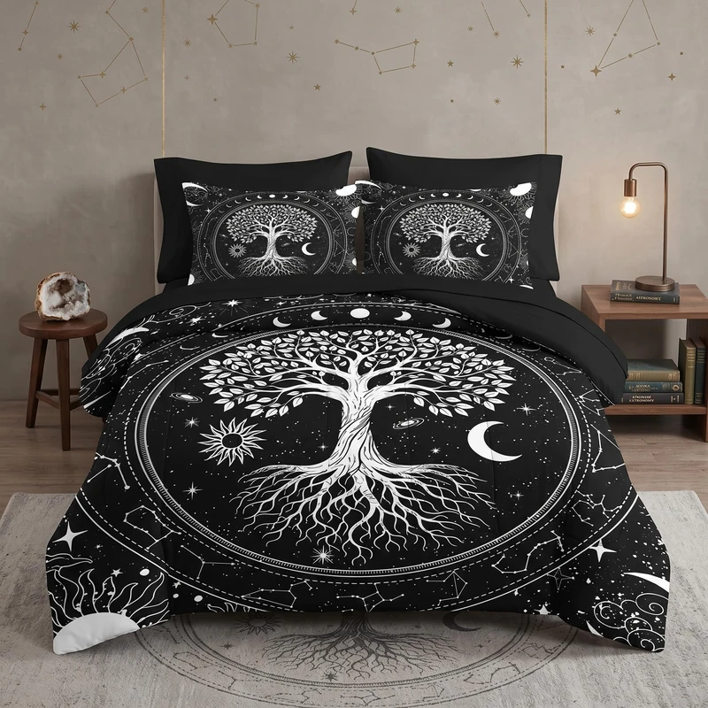 WeCozy 7 Pcs Queen Size Comforter Set with 2 Pillowcases & 2 Shams, Black Gothic Tree of Life Bedding for Kids and Adults, Nature Sun and Moon Bed in a Bag with Flat Fitted Sheet