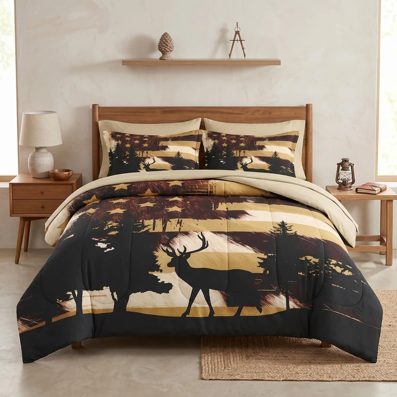 WeCozy 7 Pcs King Size Comforter Set with 2 Pillowcases & 2 Shams, Animal Hunting Deer Cow Print Bedding Set for Kids and Adults, Retro American Flag Bed in a Bag with Flat Sheet and Fitted Sheet