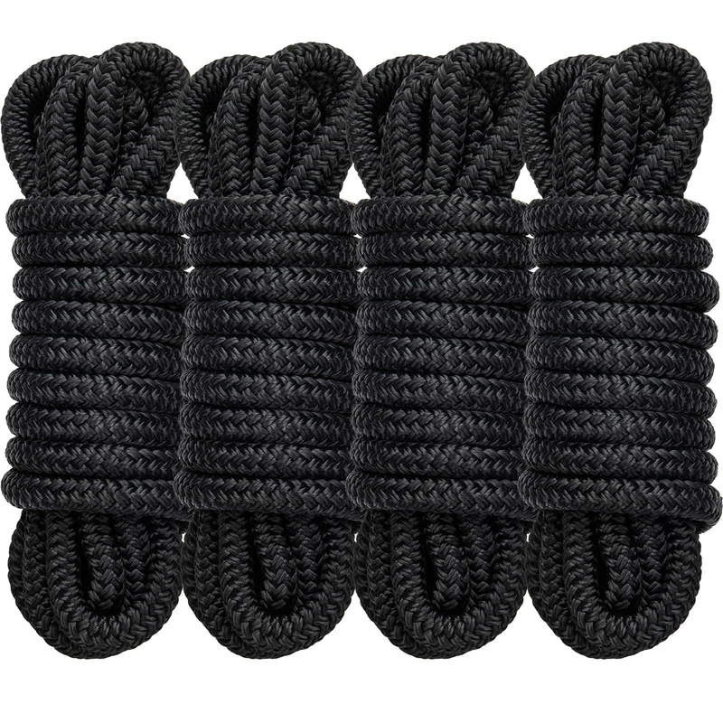 4 Pack 1/2" x 15’ Boat Dock Lines for Boat & Pontoon, Premium Marine- Grade Double Braided Nylon Dock Line, Pre-Spliced with a 12" Eyelet-Black,Boating Gifts for Men