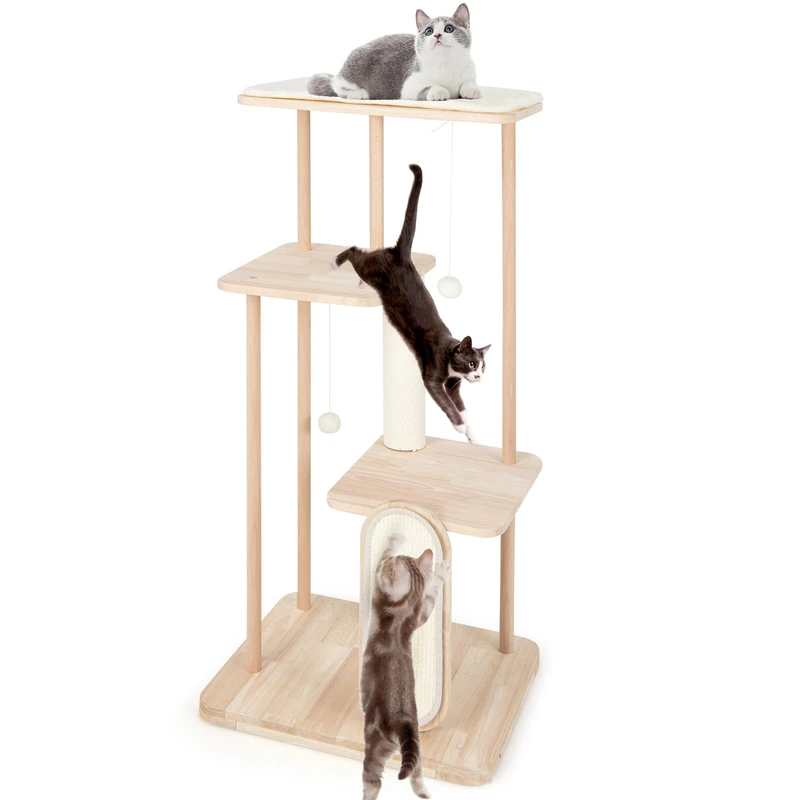 GYMAX Modern Cat Tree, Solid Wood Cat Tower with Scratching Posts & Board, Padded Perch and Hanging Toys, Simple Multi-level Cat Play Center for Kitten Play & Rest (126cm)