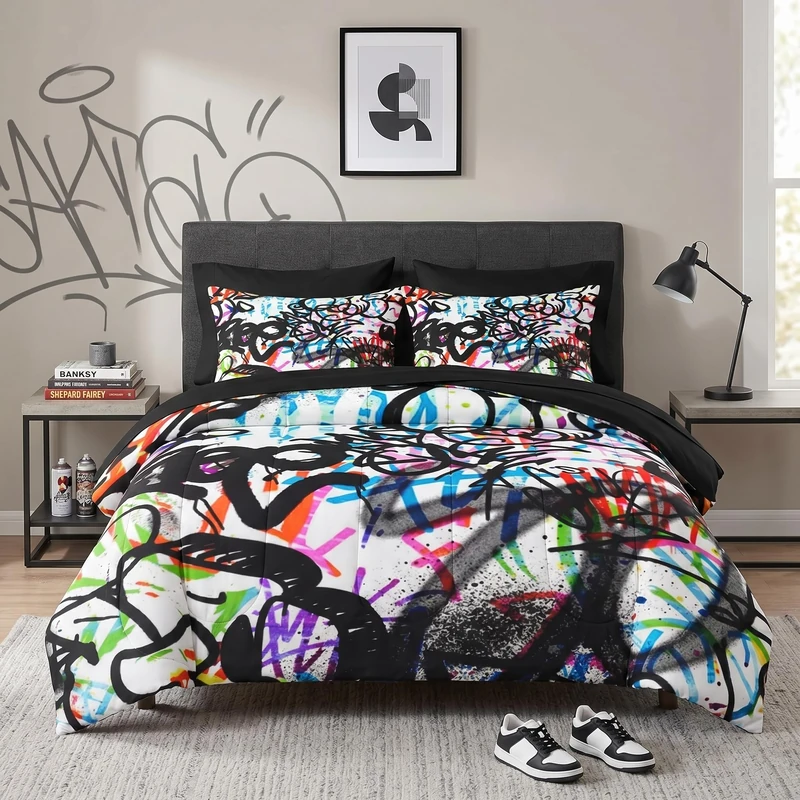 WeCozy 5 Pcs Twin Size Comforter Set with Pillowcase & Sham, Abstract Graffiti Bedding for Kids and Adults, Urban Modern Fashion Bed in a Bag with Flat Fitted Sheet
