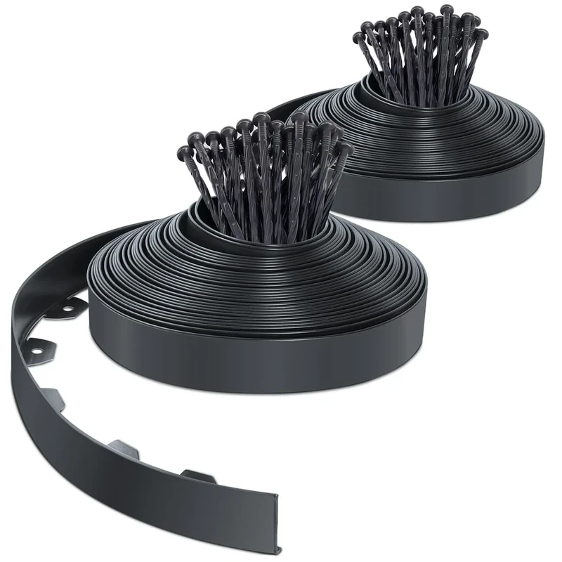 VOUNOT® 40m Flexible Lawn Garden Edging Border, Plastic Grass Path Edging with 80 Reinforced Securing Pegs, Height 5cm, Anthracite