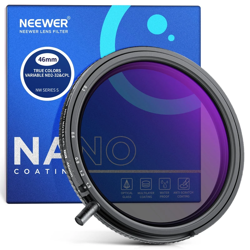 NEEWER 46mm True Colors Variable ND Filter ND2-ND32 & CPL, 2 in 1 Adjustable Neutral Density and Circular Polarizing Filter, Multi Coated HD Optical Glass/Aluminum Frame