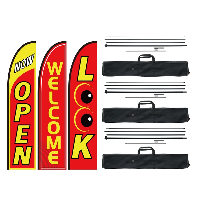 VEVOR Open Flags with Pole Kit, Advertising Feather Flags for Business Outside, 3 Sets (Open, Look, Welcome), 16.3 FT - Image 1