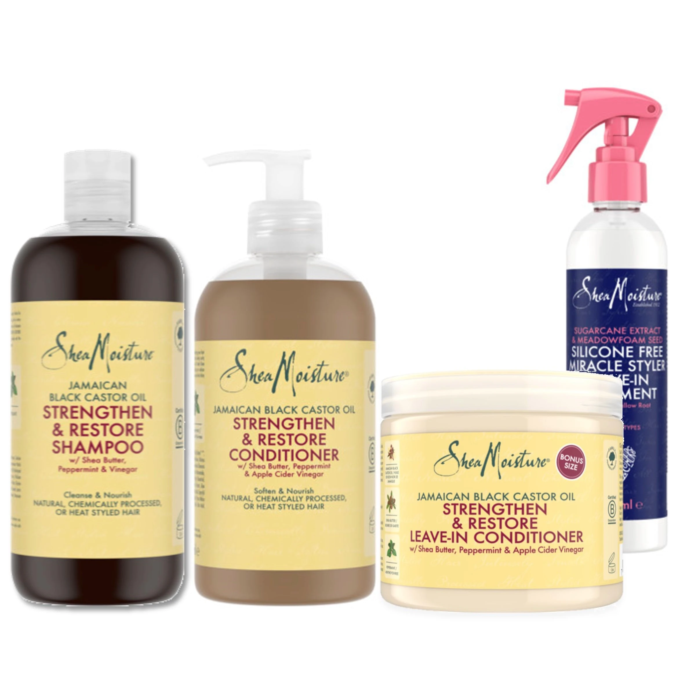 SheaMoisture Jamaican Black Castor Oil Strengthen & Restore Shampoo 384ml + Conditioner 384ml & Leave-In Conditioner 431ml & SheaMoisture Sugarcane Extract, Meadowfoam Seed Leave-In Treatment 237ml