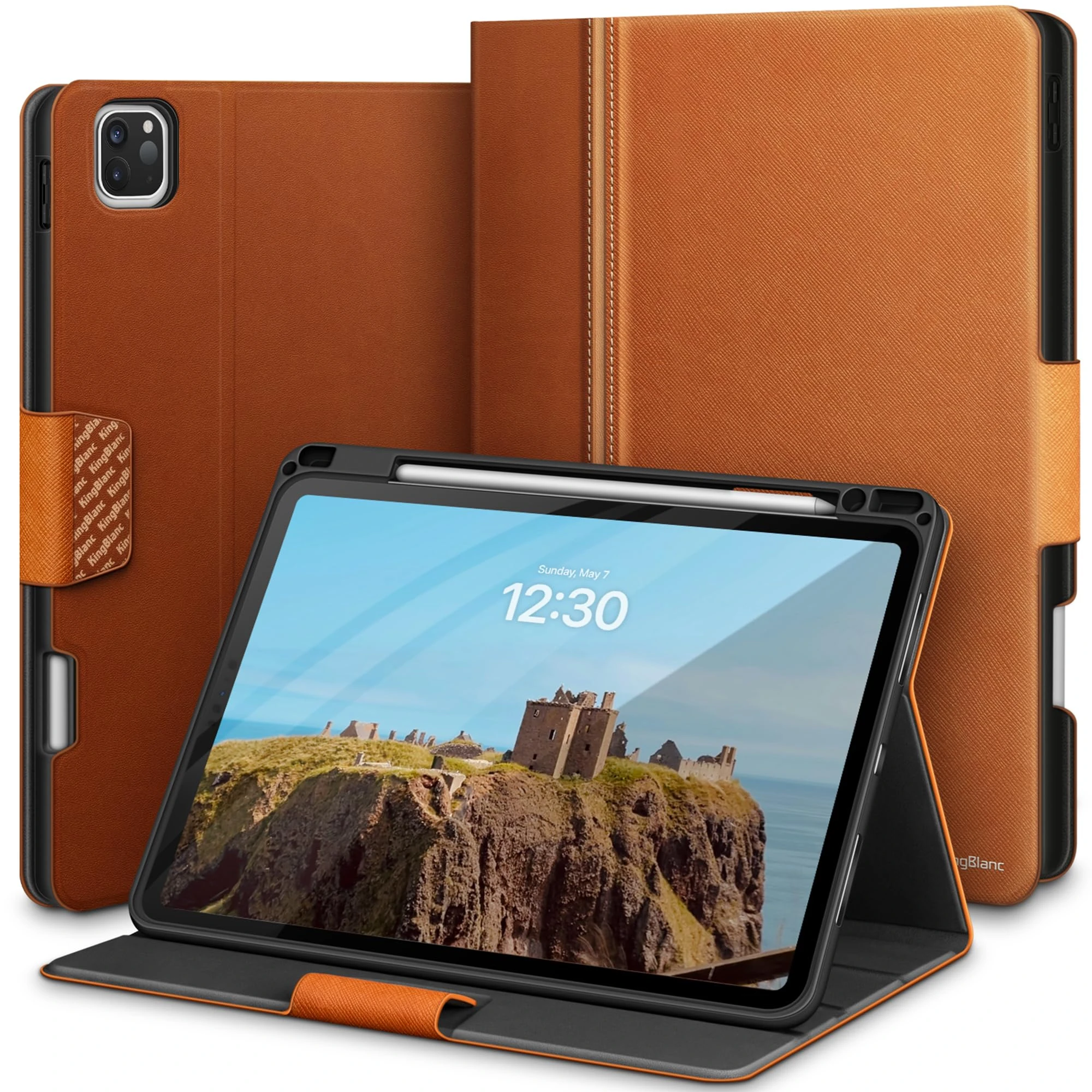 KingBlanc Case for iPad Pro 13-inch (M5 2025, M4 2024) with Built Pencil Holder, PU Leather Smart Stand Cover, Auto Sleep/Wake, Supports Pencil Pro/Pencil (USB-C), Multi-Viewing/Drawing Angles, Brown