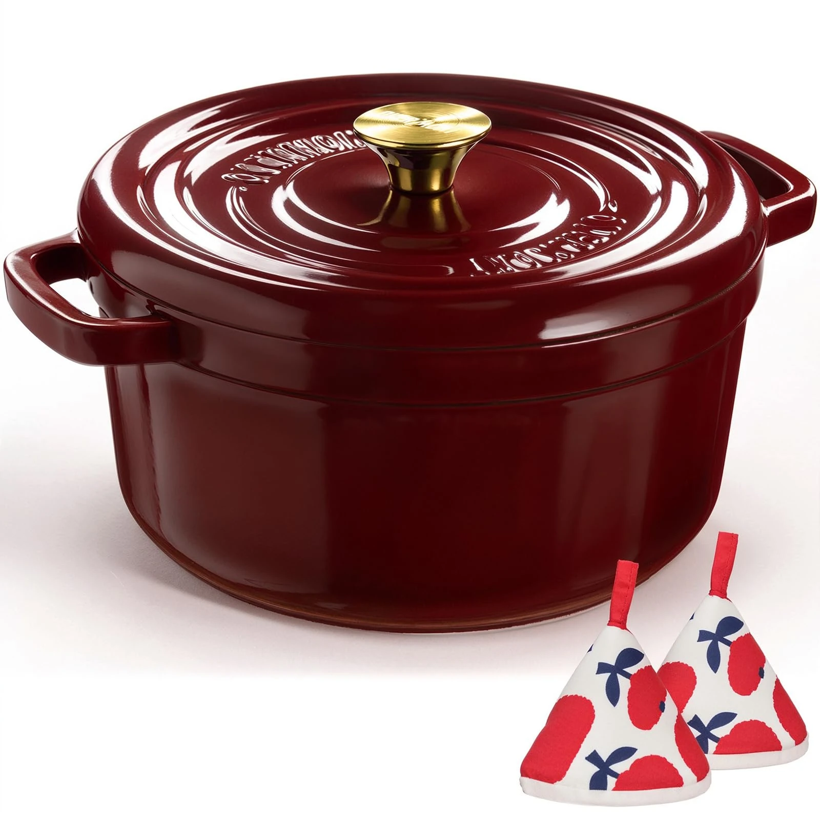 Overmont 26cm Enameled Cast Iron Dutch Oven - 5L Pot with Functional lid Cookbook & Cotton Potholders - Oven Safe up to 500° F, Sturdy Cookware for Braising, Stews, Roasting, Bread Baking, Wine Red