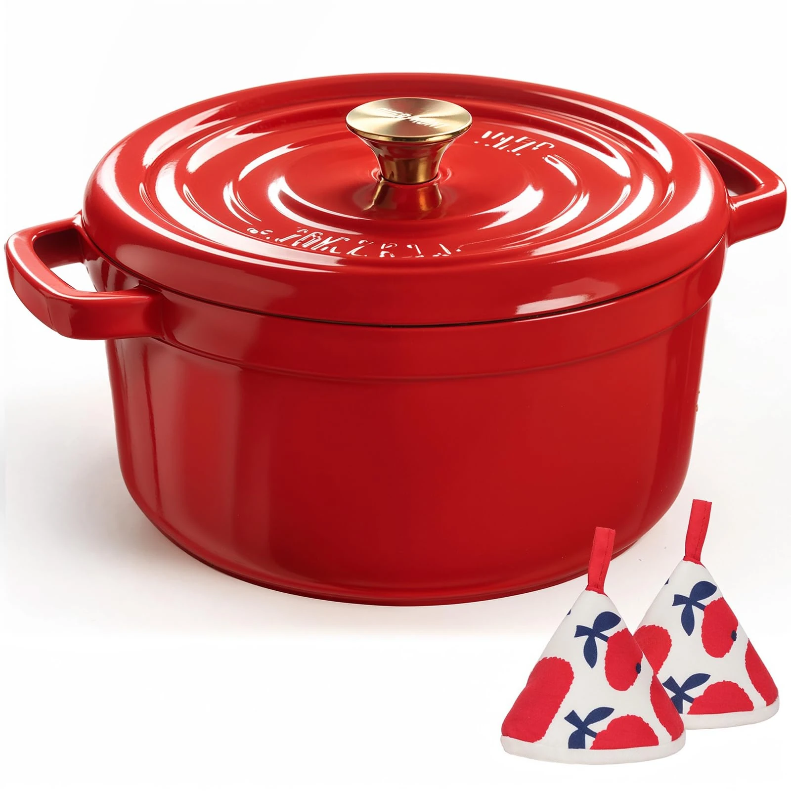 Overmont 26cm Enameled Cast Iron Dutch Oven - 5L Pot with Functional lid Cookbook & Cotton Potholders - Oven Safe up to 500° F, Sturdy Cookware for Braising, Stews, Roasting, Bread Baking, Red