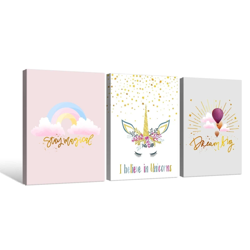Unicorn Wall Art Girls Bedroom Decor Rainbow Pink Kids Canvas Prints 3 pcs Motivational Colorful Hot Air Balloon Cartoon Unicorns Framed Pictures for Teen Girl Women Nursery Bathroom Decor 16"x24"