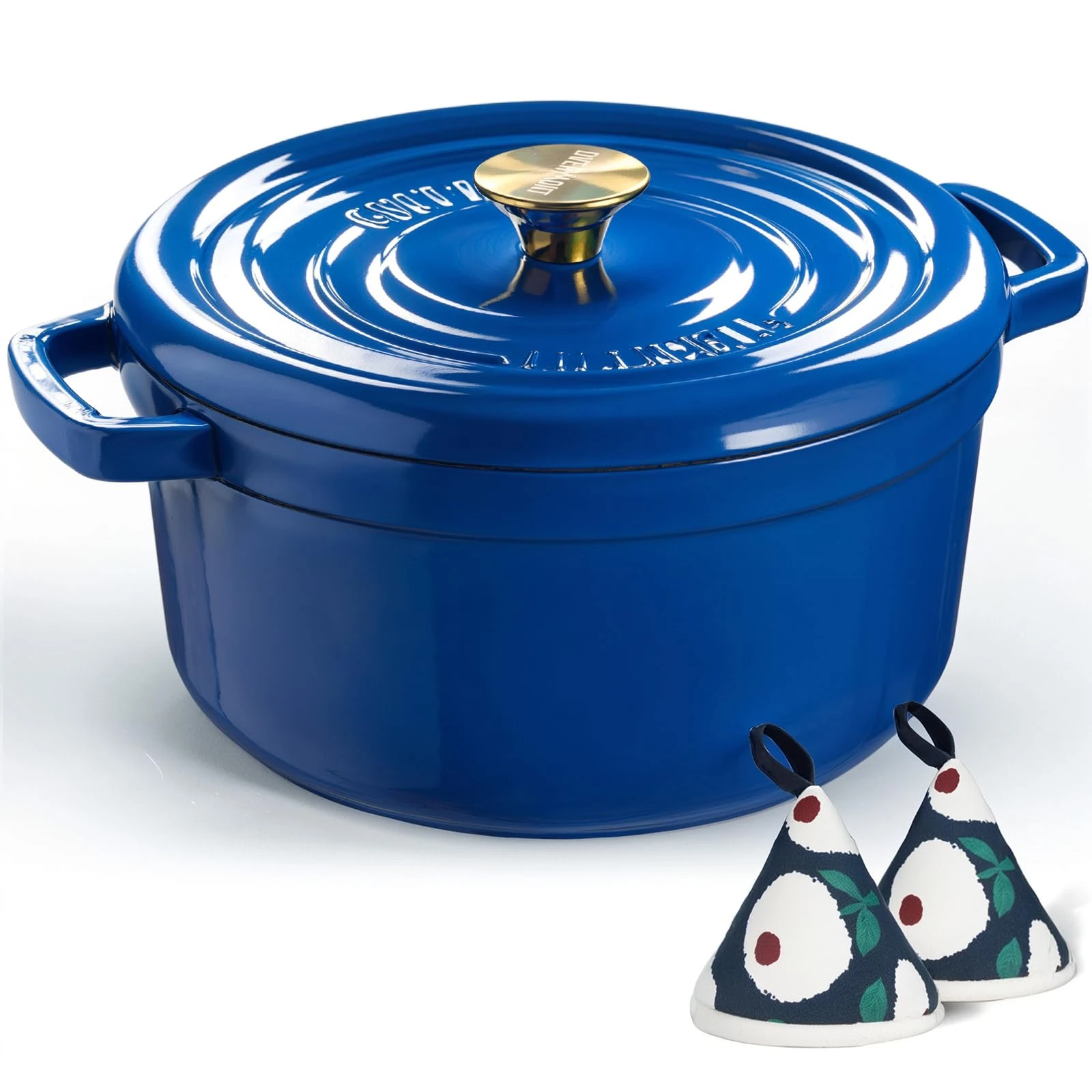 Overmont 26cm Enameled Cast Iron Dutch Oven - 5L Pot with Functional lid Cookbook & Cotton Potholders - Oven Safe up to 500° F, Sturdy Cookware for Braising, Stews, Roasting, Bread Baking, Dark Blue