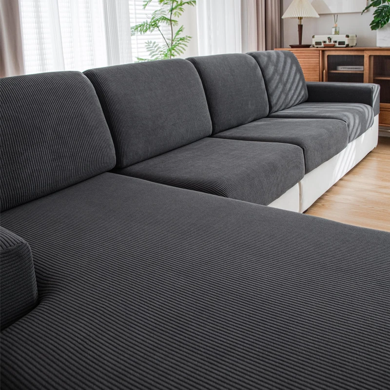 QIANMEW Couch Cushion Covers, Comfort Soft Magic Sofa Covers Washable Stretch Resistant Slipcovers for Sectional and L Shaped Seats Furniture Protectors for Pets (3 Seaters+1 Chaise, Dark Gray)