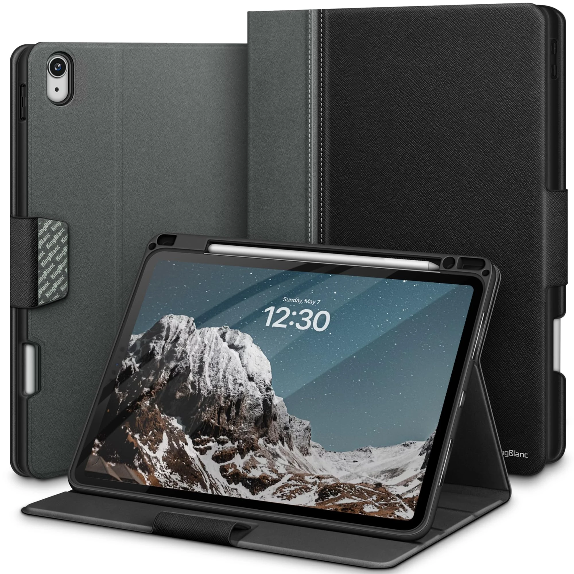 KingBlanc for Air 13-inch Case (M3 2025/M2 2024) with Built-in Pencil Holder, PU Leather Durable Protective Stand Folder Cover, Auto Wake/Sleep, Multi-Angle for Viewing/Typing, Magnetic Clasp, Black