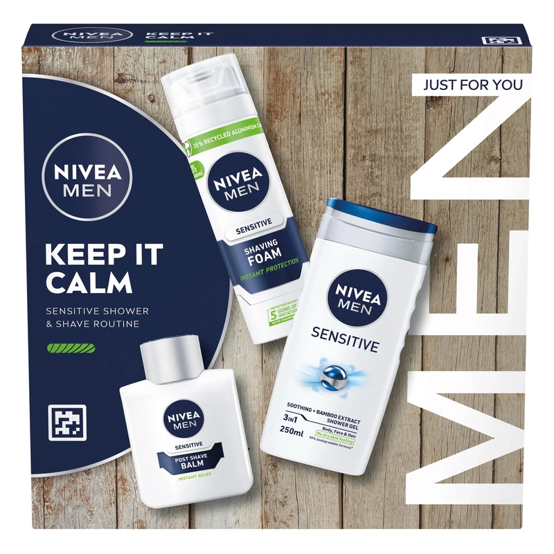 NIVEA MEN Keep It Calm Gift Set (3 Products), Men's Skincare Gift Set for Sensitive Skin with Shower Gel, Shaving Foam, and Post Shave Balm