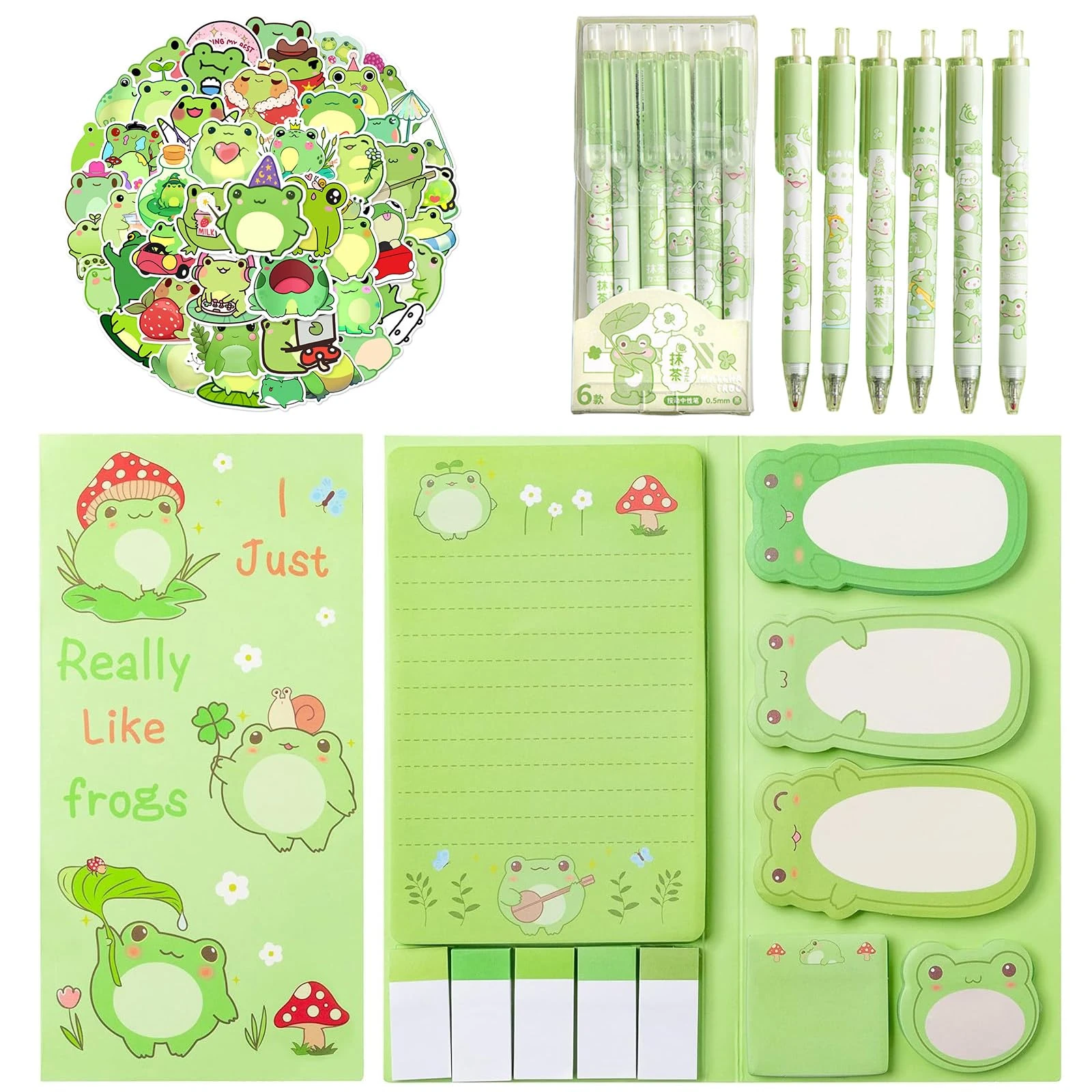 BENIFILE 57 PCS Animal Themed Stationary Set, 550 Sheets Frog Sticky Note Set & 50 PCS Frog Sticker & 6 PCS Ballpoint Retractable Frog Pens, Cute Office Supplies, Cute Frogs Cute Stationery Set (Frog)