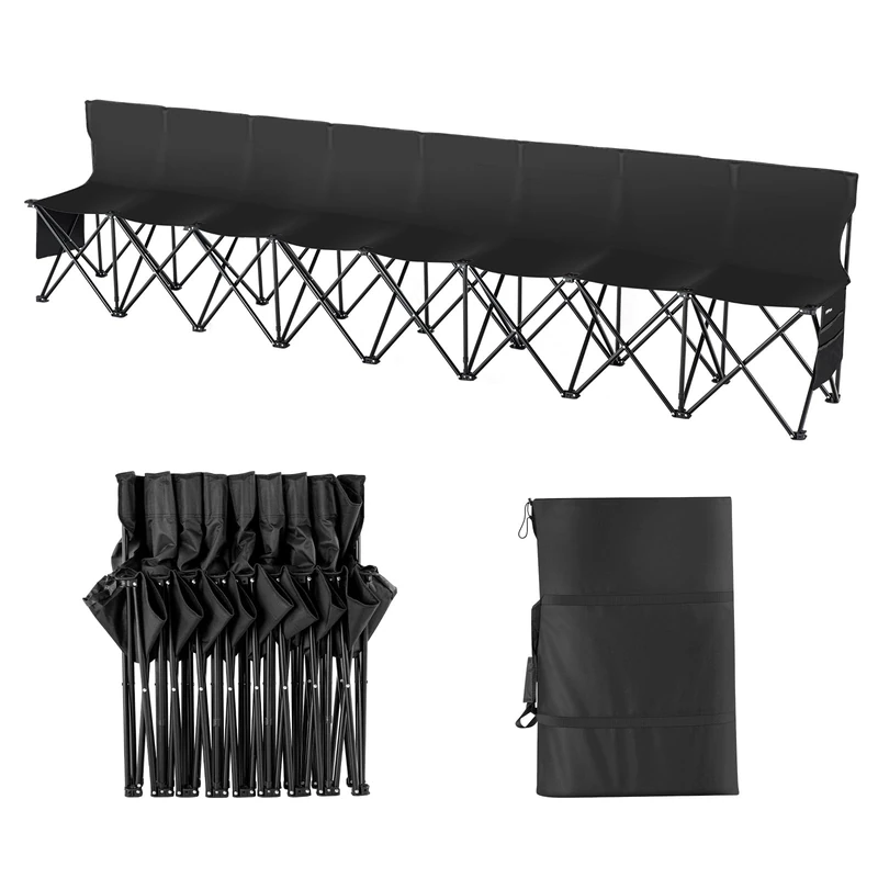 VEVOR Folding 8 Seater Camping Chair with Carry Bag and Backrest, Team Sport Side Bench for Football Fishing, No Assembly, Instant, Black, Nylon, 8 seats