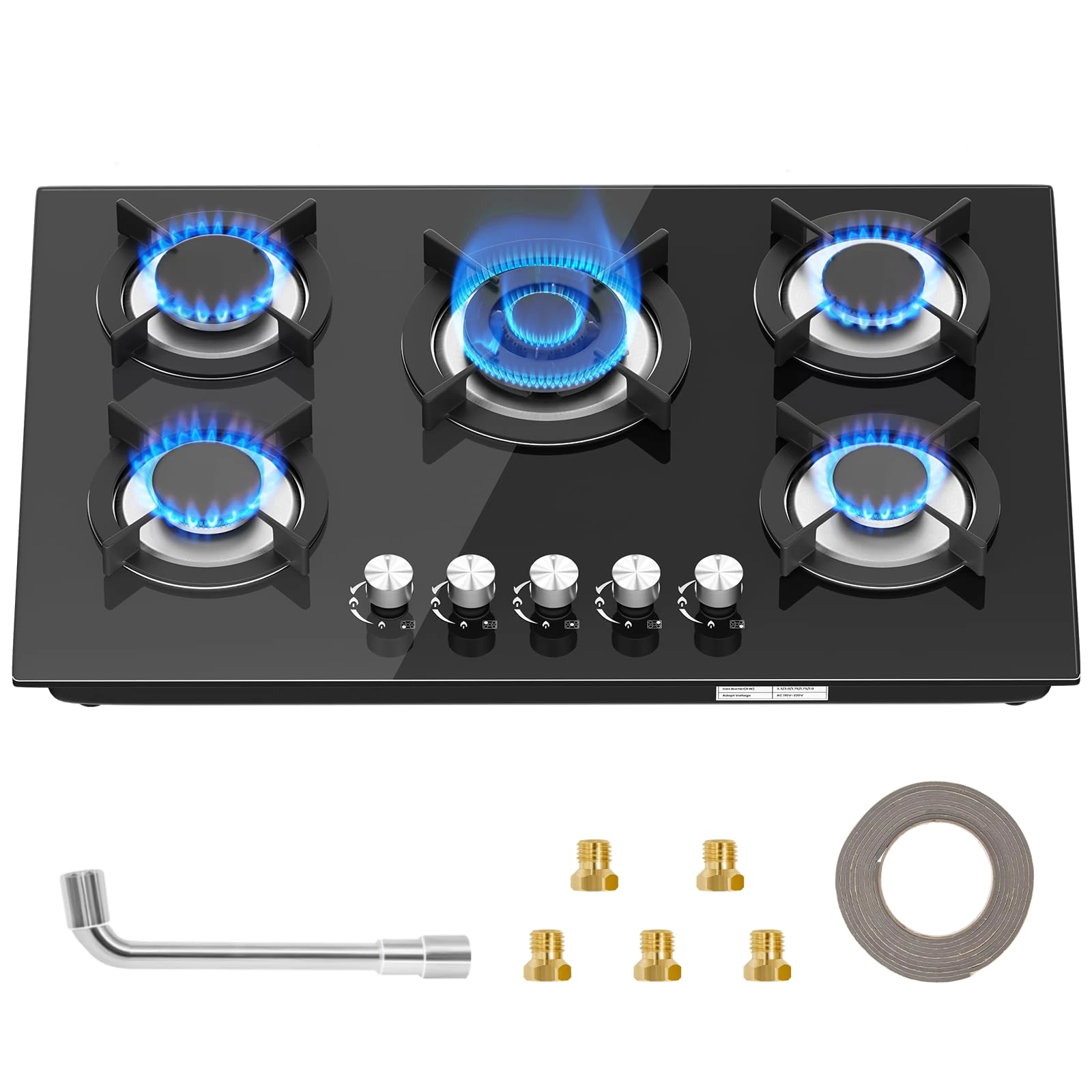 Gas Hob 5 burners, Built in Black Glass Gas Hob with Flame Out Protection,with Cast Iron Supports,NG/LPG Convertible