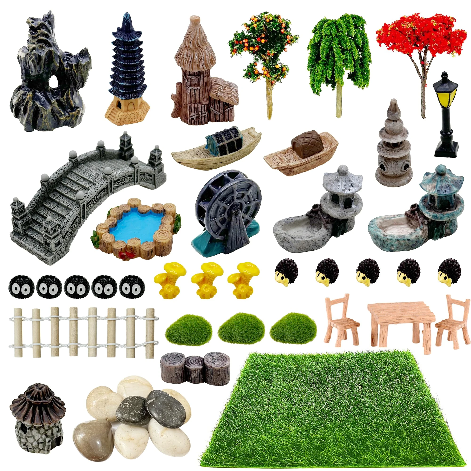 Cayway Outdoor Fairy Garden Miniatures Mini Zen Garden Accessories, Artificial Garden Grass, Model Trees, Mini Garden Ornaments, Bonsai Decorative Craft Tools Kit