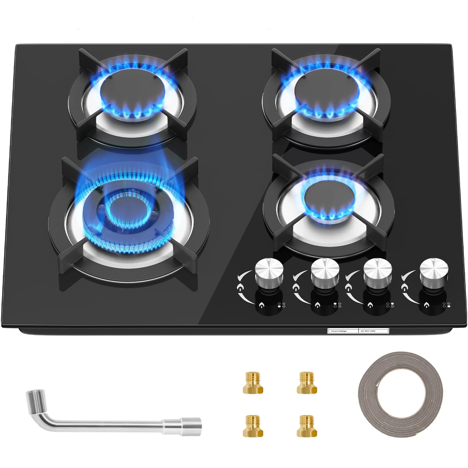 Gas Hob 4 burners, Built in Black Glass Gas Hob with Flame Out Protection,with Cast Iron Supports,NG/LPG Convertible