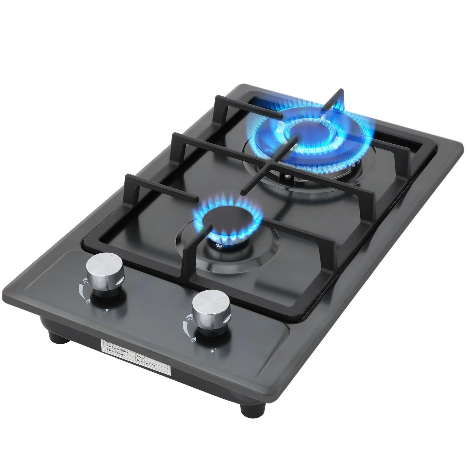 Gas Hob,Built-in Stainless Steel Gas Hob 2 burners with Flame Failure Protection,Cast iron grille,Power cable110cm/43in,Cast Iron Pan Support,LPG/NG Kit,51cm x 31cm