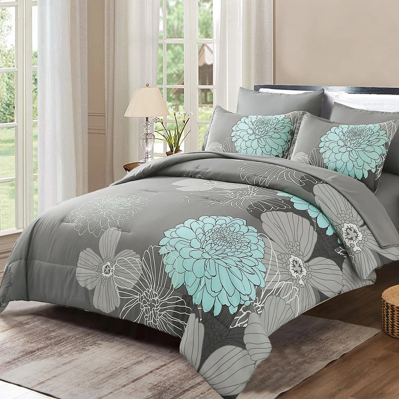 Yiran Floral Comforter Set 7 Piece Full Size Bed in a Bag Flower Comforter Soft Microfiber Bedding Set for All Season (Grey,90"x78")