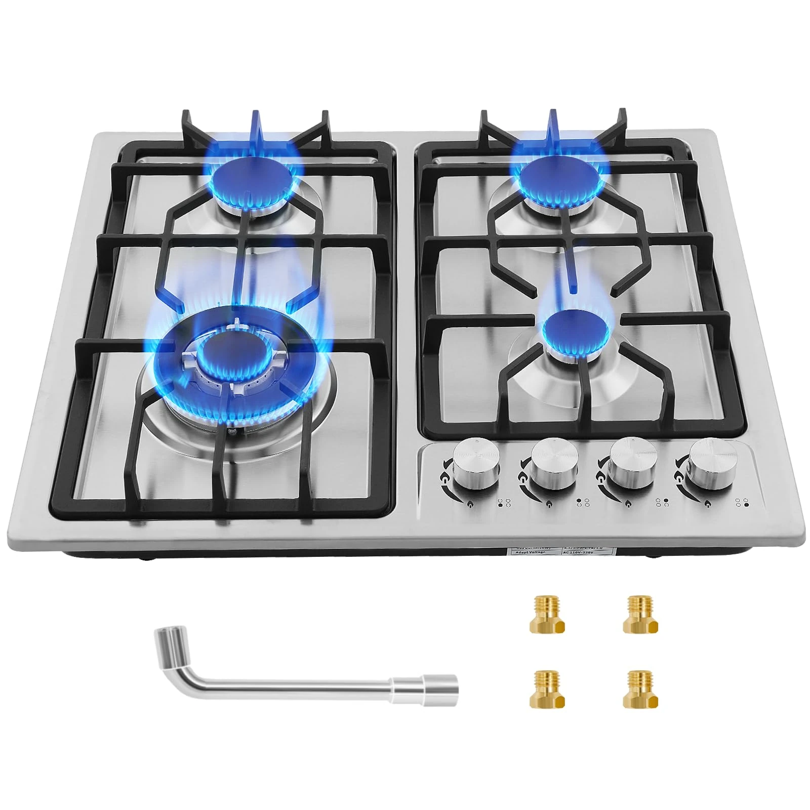 Gas Hob,Built-in Stainless Steel Gas Hob 4 burners with Flame Failure Protection,Cast iron grille,Power cable110cm/43in,Cast Iron Pan Support,LPG/NG Kit,60cm x 51cm