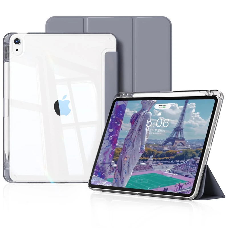 KVTVOU Case for iPad Air 11 Inch 2025/2024 (M3/M2 7th/6th Gen), iPad Air 5th / 4th Generation 2022/2020 10.9 Inch with Pencil Holder, Clear Back, Ultrathin Protective Case, Auto Sleep/Wake, Purple