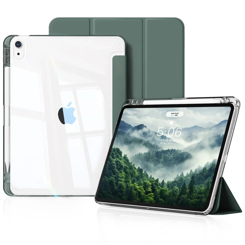 KVTVOU Case for iPad Air 11 Inch 2025/2024 (M3/M2 7th/6th Gen), iPad Air 5th / 4th Generation 2022/2020 10.9 Inch with Pencil Holder, Clear Back, Ultrathin Protective Case, Auto Sleep/Wake, Dark Green