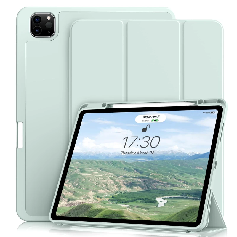 KVTVOU Case for iPad Pro 11 Inch 2022/2021/2020 4th / 3rd / 2nd Generation, Soft TPU Back Cover, Slim Protective Case with Pencil Holder for iPad Pro 11 Inch, Auto Wake/Sleep, Light Green