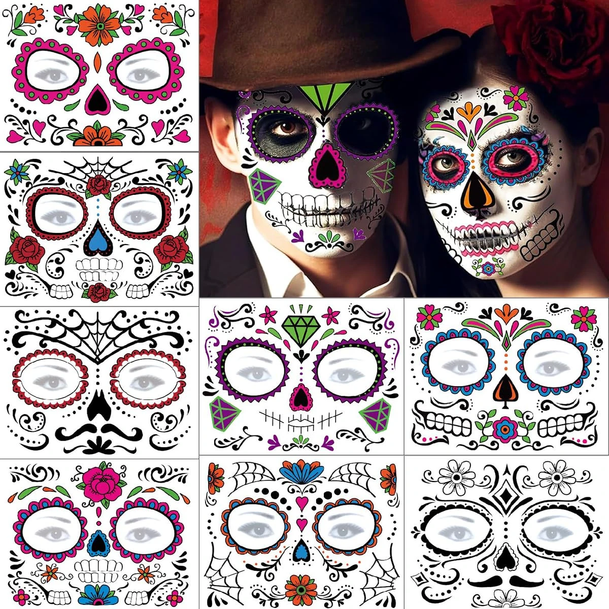 Day of the Dead Face Tattoos for Adults, Halloween Temporary Tattoos Catrina Makeup Dia de Los Muertos Diamond Floral Skeleton Red Rose Sugar Skull Face Tattoo, Halloween Costume Makeup
