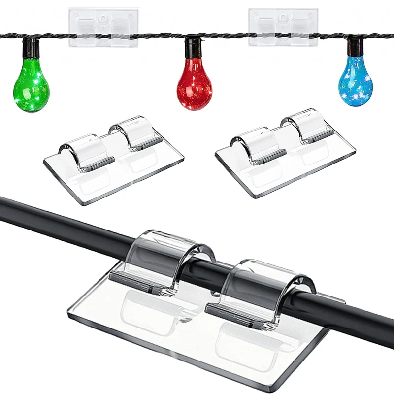 Fenxyo Outdoor Lights Hooks Adhesive with Upgraded Sticky Pad, Storage Box, 18pcs Strong Waterproof Self Adhesion Cable Clips for Outdoors String Lights Desk Wall Workshop Home Office