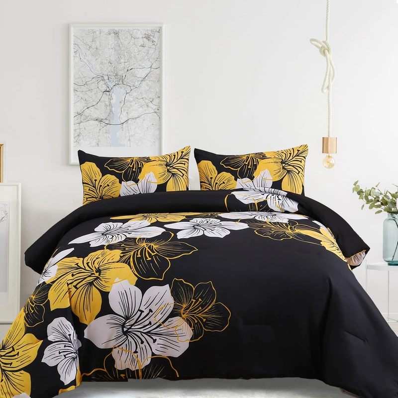 Menghomeus California King Comforter Set Black/Gold Floral Bedding Comforter Sets, Soft Microfiber Bed Set for All Season 3 Piece Botanical Flowers Comforter, Pillowcases