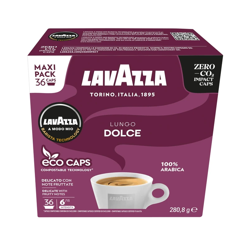 Lavazza A Modo Mio Lungo Dolce, 36 Coffee Capsules, with Aromatic Notes of Dried Fruits, for a Sweet Espresso, 100% Arabica, Intensity 6/13, Medium Roasting, 1 Pack of 36 coffee pods