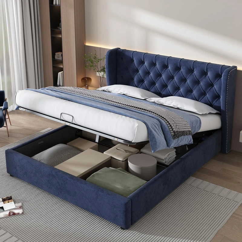 Merax Upholstered Bed Frame with Hydraulic Lift, 4FT6 Double Bed Frame with Storage, Functional Ottoman Bed, Sturdy Construction, Without Mattress, Elegant Velvet Finish, Blue, 135x190cm