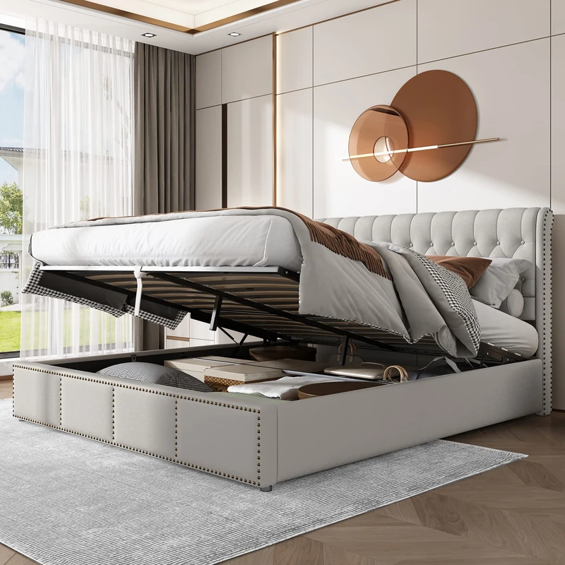 Merax Upholstered Bed Frame with Hydraulic Lift, 6FT Super King Size Bed Frame with Storage, Functional Ottoman Bed, Sturdy Construction, Without Mattress, Elegant Linen Finish, Light Grey, 180x200cm