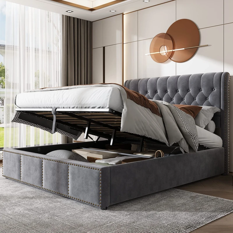 Merax Upholstered Bed Frame with Hydraulic Lift, 5FT King Size Bed Frame with Storage, Functional Ottoman Bed, Sturdy Construction, Without Mattress, Elegant Velvet Finish, Grey, 150x200cm